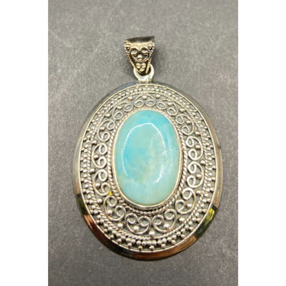 Blue Quartz Gemstone Pendant Oval Cabochon 925 Sterling Silver Filigree BJC