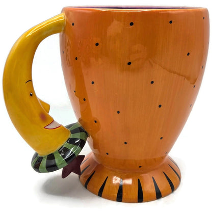 Department 56 Halloween Google Eye Black Cat Orange Mug Coffee Cup Moon Handle