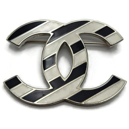 Co Co Chanel Brooch Pin Striped Enamel White Navy Blue with Velvet Pouch Box Tag