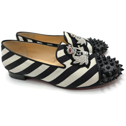 Christian Louboutin Intern Flat Patent Studded Loafers Black White Stripe Sz 40