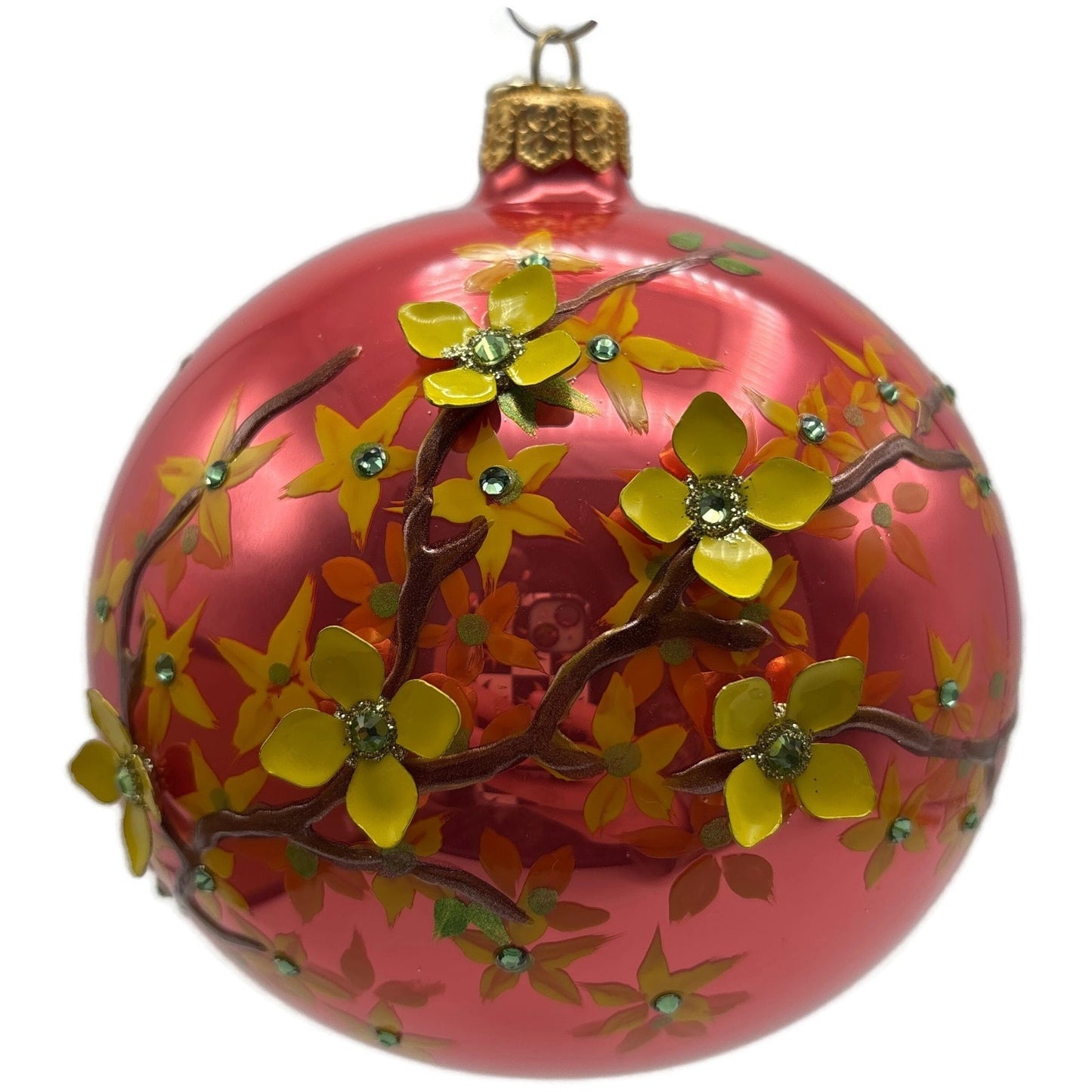 Glitter Lab Floral Symphony Raspberry Ball With Forsythia 80MM Christmas Decor