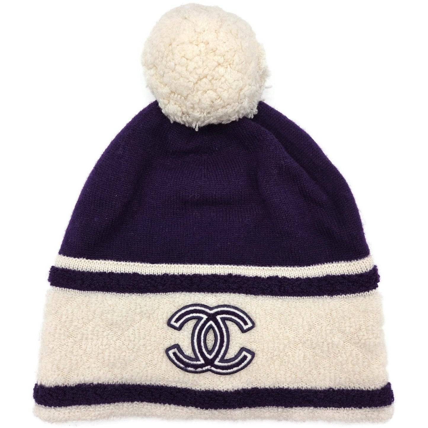Chanel CC Logo Cashmere Beanie Hat Purple White Pom Pom Great Britain Rare
