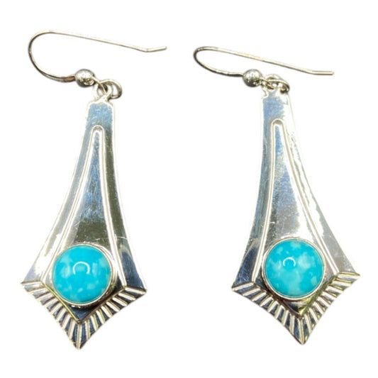 Turquoise Fish Hook Dangle Earrings Round Gemstone Silver Tone Metal
