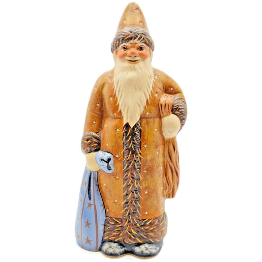 Vaillancourt Brown Father Christmas with Blue Sack Folk Art Chalkware Figurine