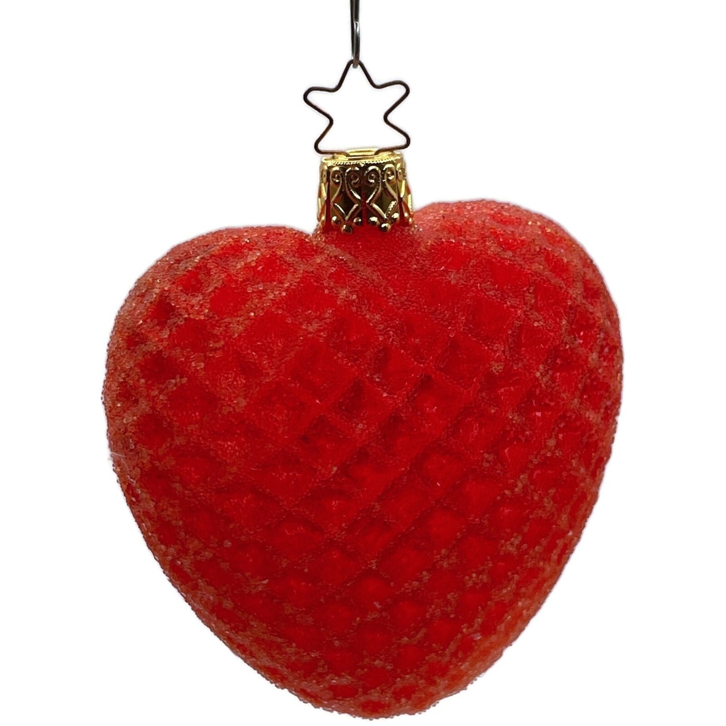 Inge Glass Ornament Red Glittered Waffle Heart Valentines Christmas Tree Decor