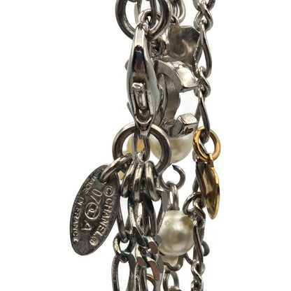 CoCo Chanel Three Strand Chain Hearts Clover Faux Pearl CC Logo Charm Necklace