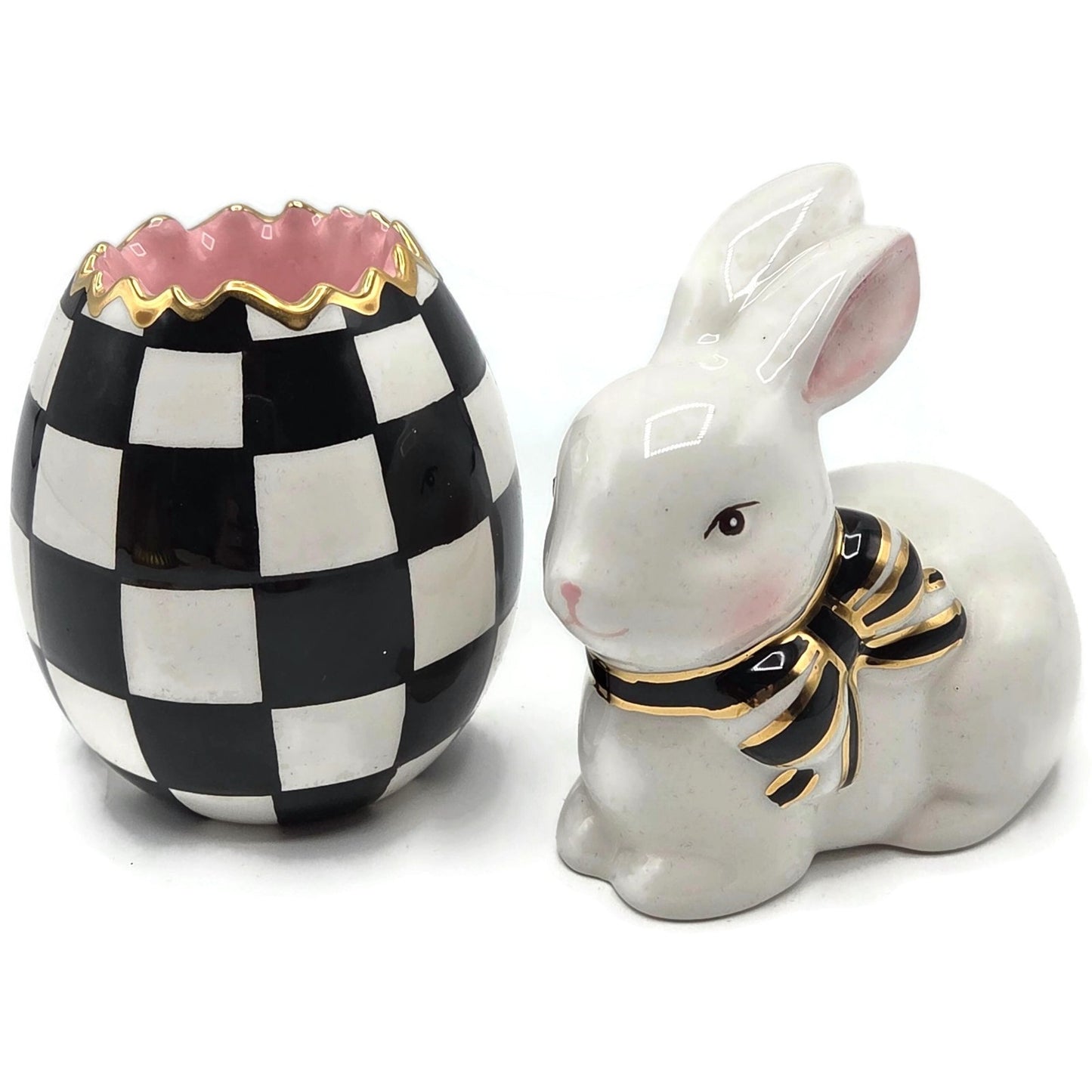 Mackenzie Childs Courtly Check Bunny Egg Hostess Set Easter Spring Black Pink