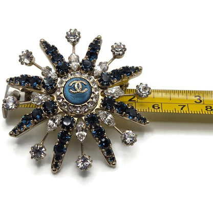 CoCo Chanel Starburst Brooch Blue Crystal Rhinestone Gold Tone Pin with Box Rare