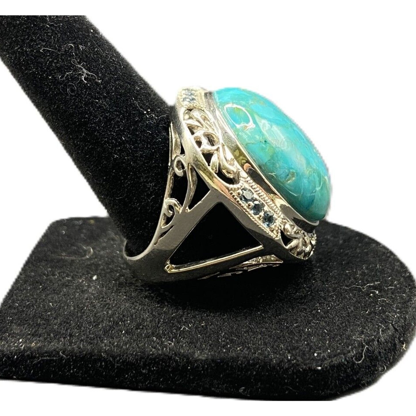 925 Sterling Silver Turquoise Ring Rhinestone Details Cabochon Gemstone Size 8