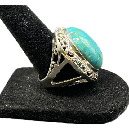 925 Sterling Silver Turquoise Ring Rhinestone Details Cabochon Gemstone Size 8