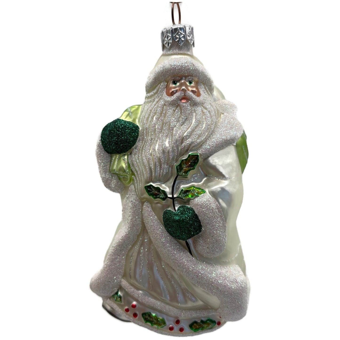Patricia Breen Santa For Anthony Pearl White Green Holly Christmas Tree Ornament