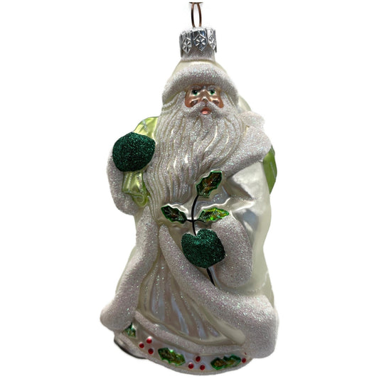 Patricia Breen Santa For Anthony Pearl White Green Holly Christmas Tree Ornament