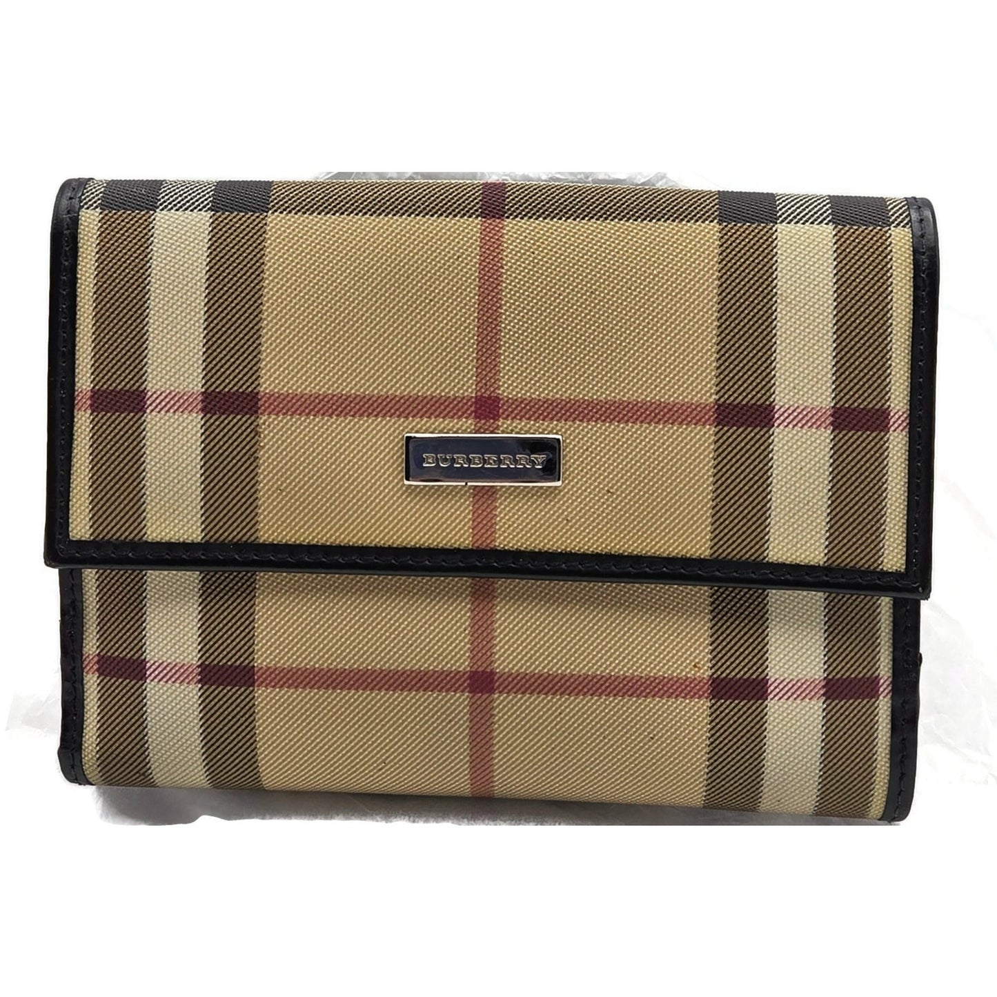 Burberry London Vintage Nova Check Leather Snap Bi-Fold Wallet Black Beige Plaid