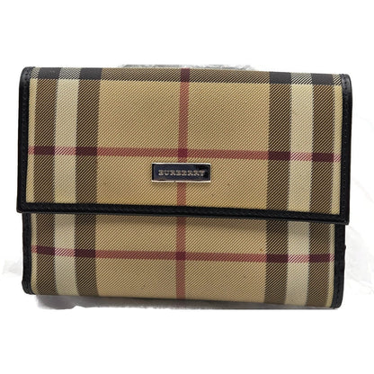 Burberry London Vintage Nova Check Leather Snap Bi-Fold Wallet Black Beige Plaid