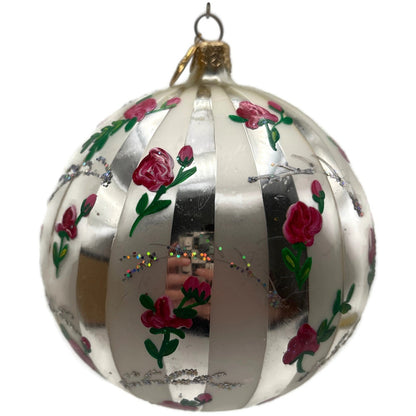 Christopher Radko Parlour Pink Roses Silver Striped Glitter Christmas Ornament