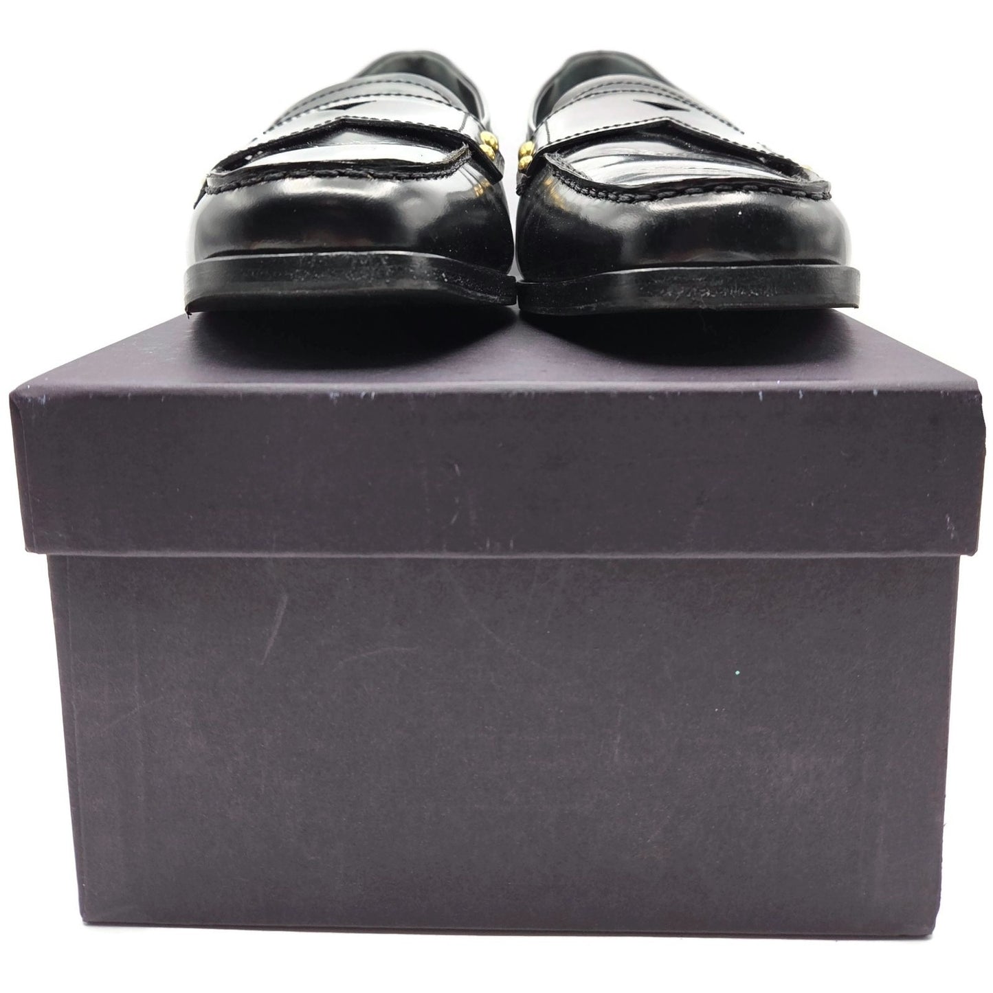Prada Black Leather Loafer 1D9558 Gold Studs Flats Square Toe Womens Size EU 39