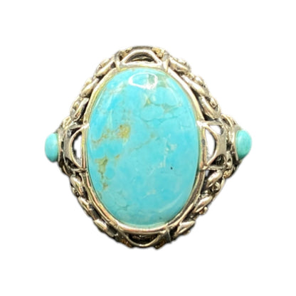 Turquoise Ring Sterling Silver NK Oval Ornate Semi Precious Stone Blue 7.75
