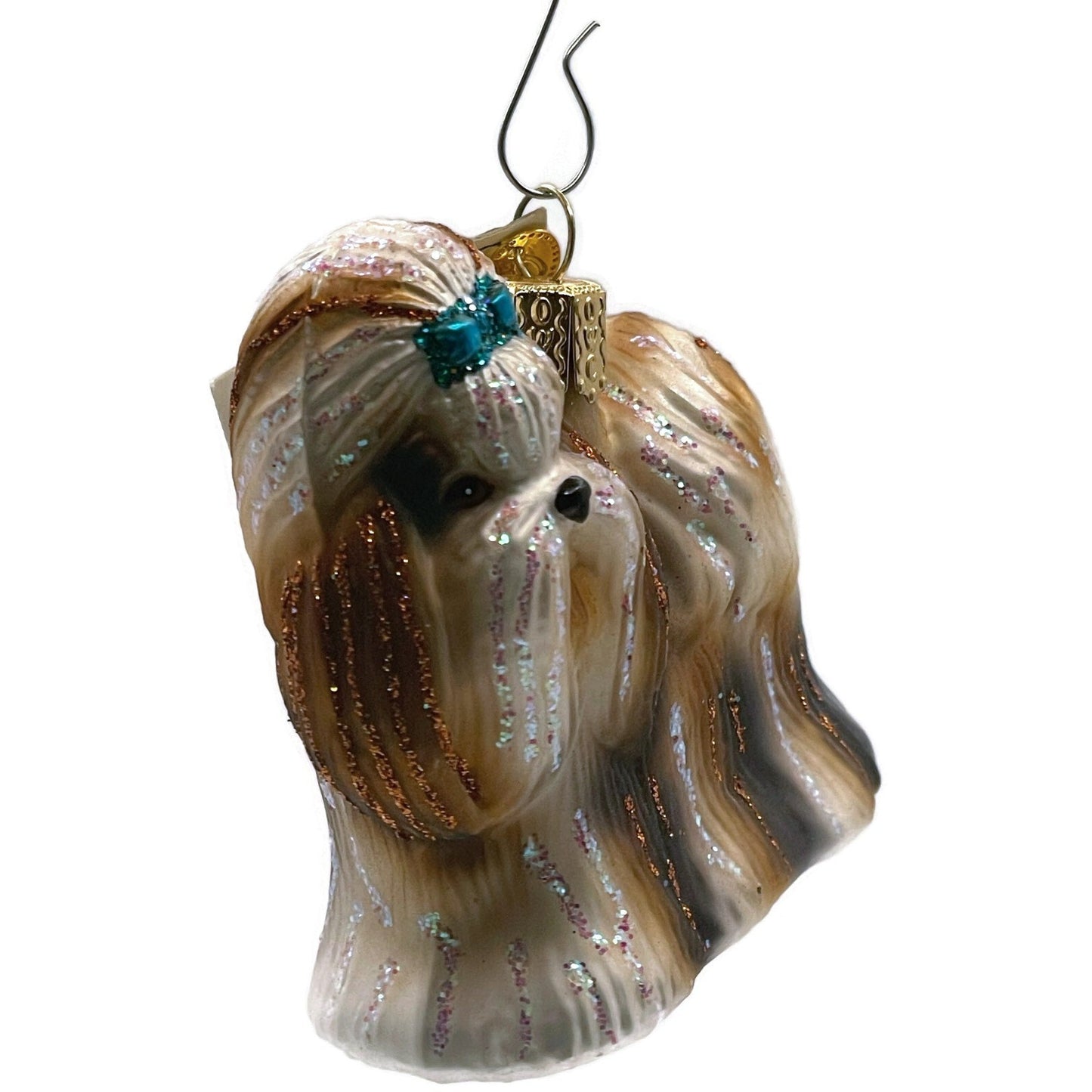 OWC Shih Tzu Dog Ornament Blue Bow Pet Glittered Old World Christmas Tree Decor
