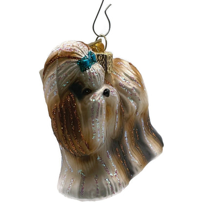 OWC Shih Tzu Dog Ornament Blue Bow Pet Glittered Old World Christmas Tree Decor