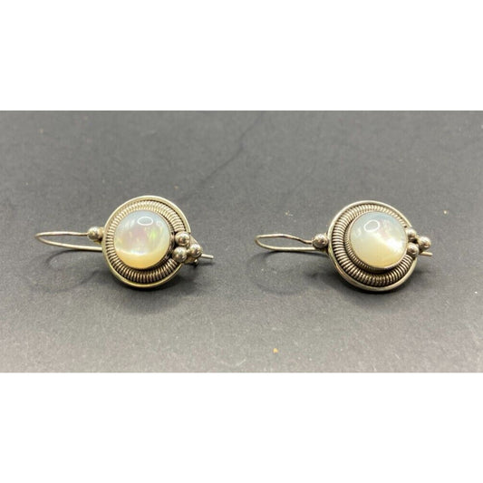 Mother Of Pearl Scroll Hook Drop Earrings Oval Gemstone 925 Sterling Silver BA