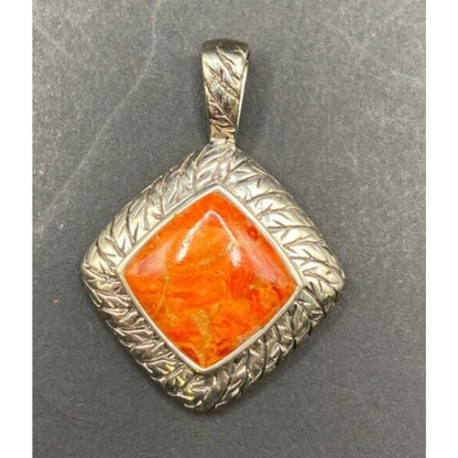 Natural Spiny Oyster Pendant Orange Polished Shell Sterling Silver Diamond Shape