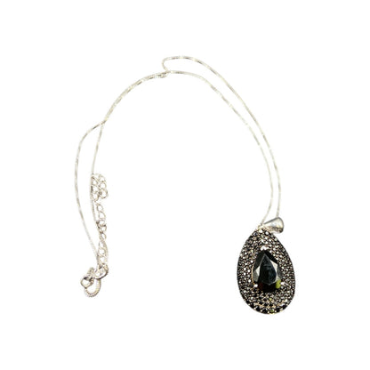Black Onyx Teadrop Pendant Marcasite 925 Sterling Silver Box Chain Necklace GIE