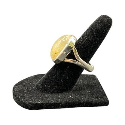 Golden Rutilated Quartz Crystal Ring Oval Cabochon 925 Sterling Silver Size 4