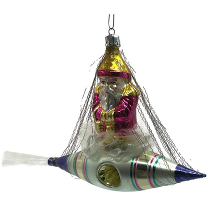 Christopher Radko Pink Santa In Space Blue Silver Rocket Christmas Tree Ornament