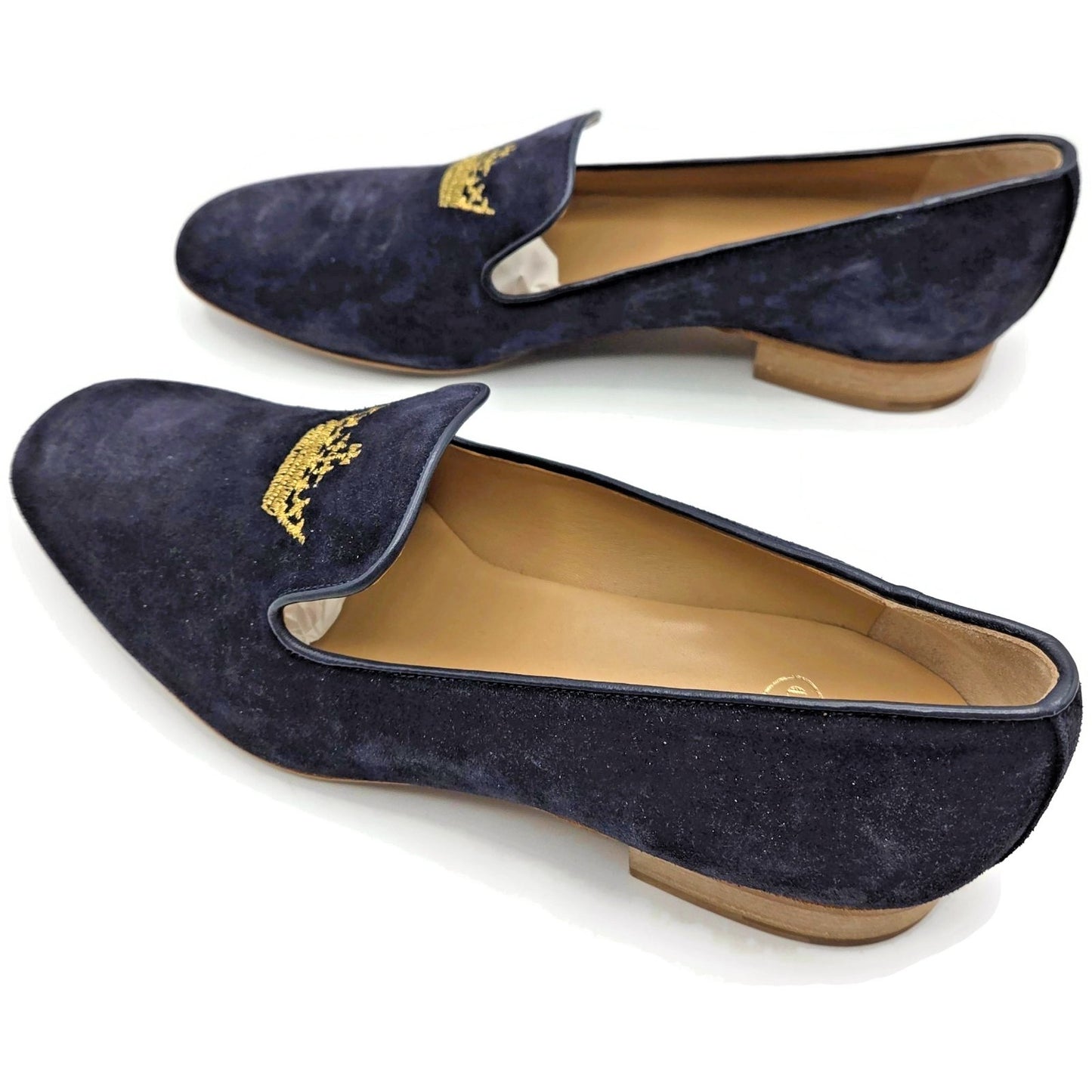 Churchs Flora 2 Dark Blue Suede Loafers Rare Crown Embroidered Luxury Shoes