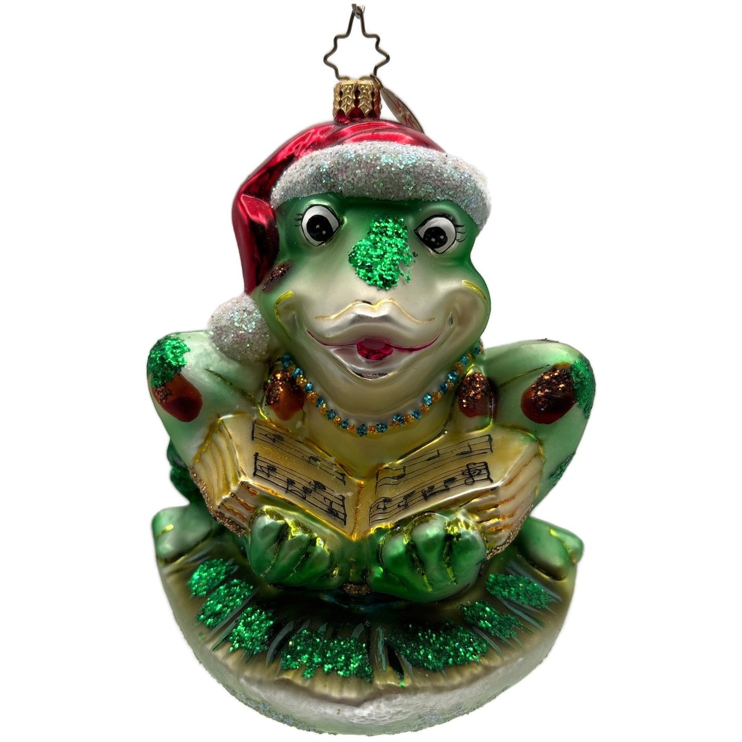 Christopher Radko Ribbit Reader Green Frog Christmas Tree Ornament 1013112
