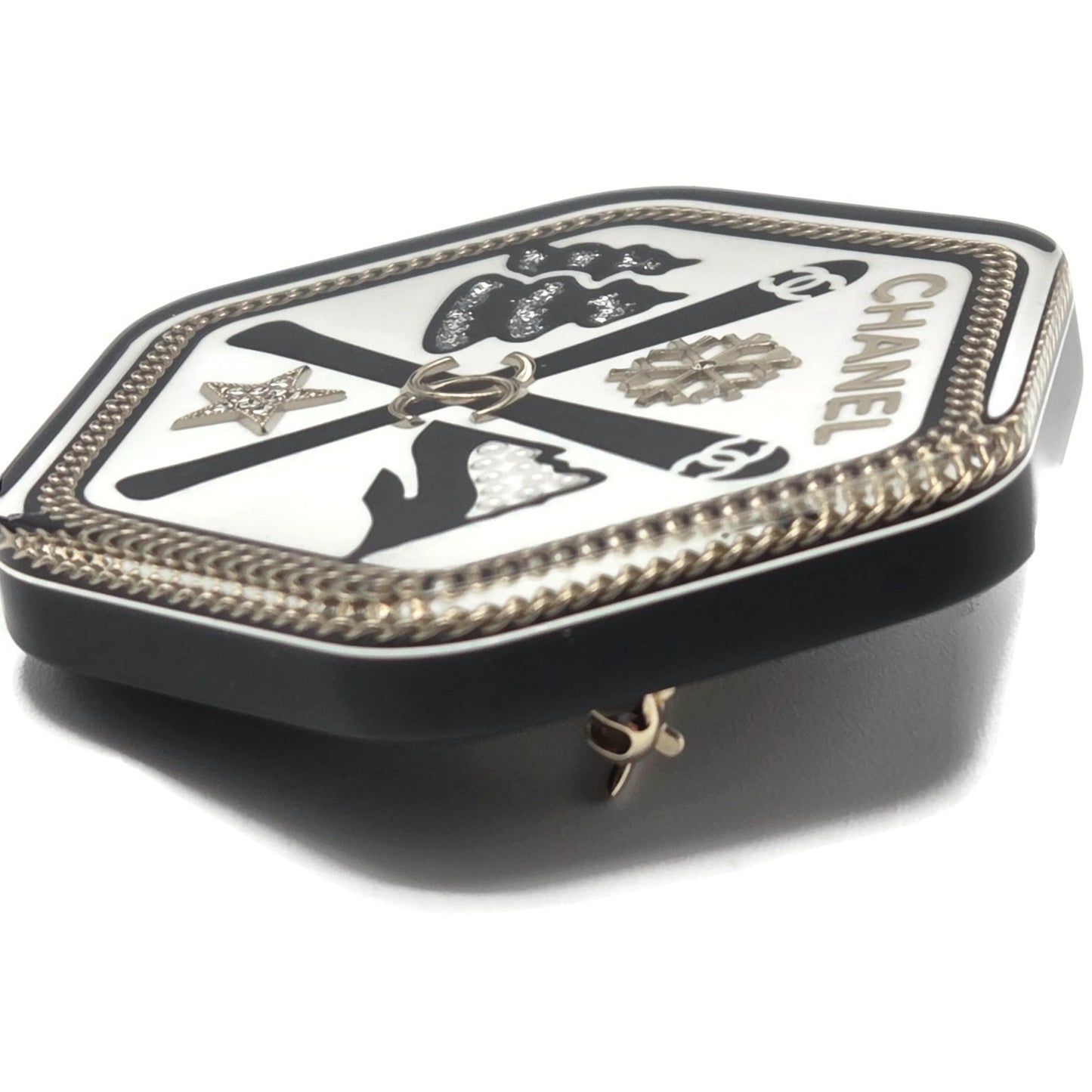 Chanel CC Logo Ski Brooch Black White Gold Snowflake Star Trees 2018 18B Rare