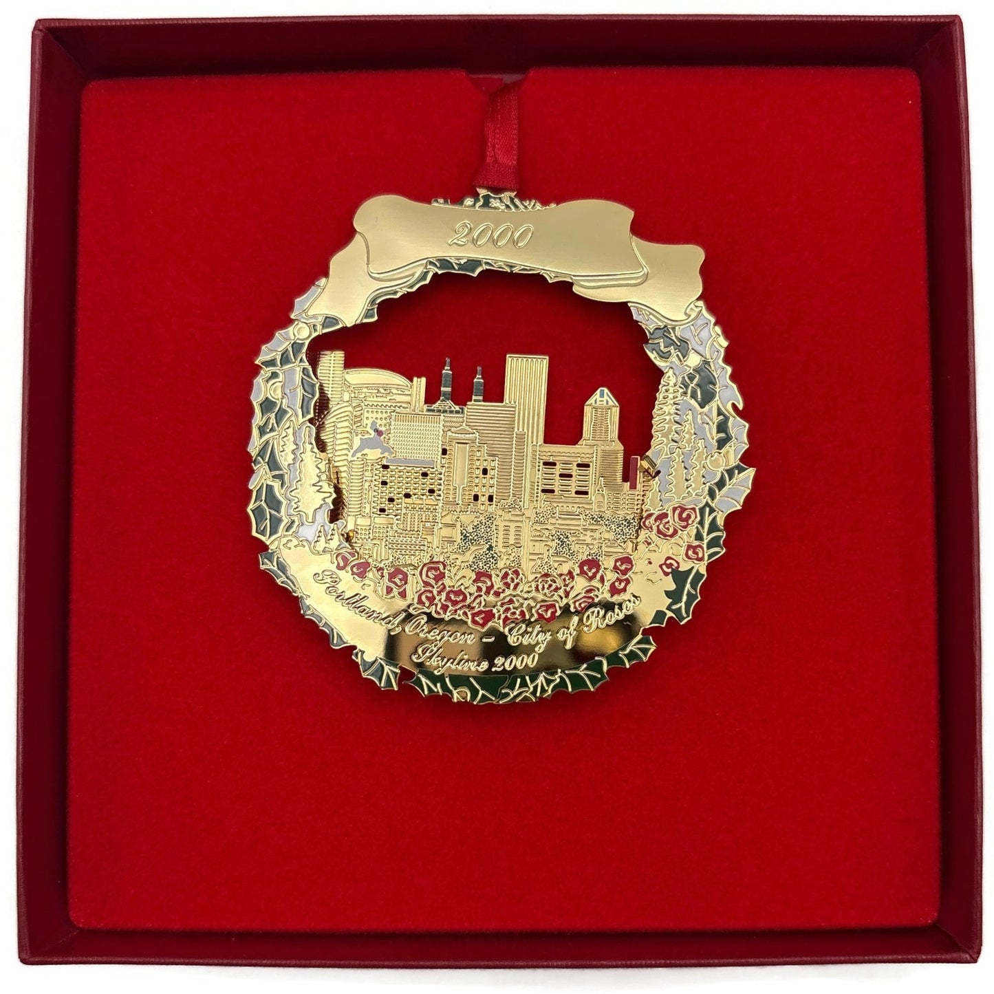 Portland Ornament 2000 City of Roses Skyline Floral Gold Plated Christmas Gift