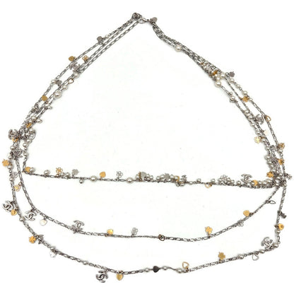 CoCo Chanel Three Strand Chain Hearts Clover Faux Pearl CC Logo Charm Necklace