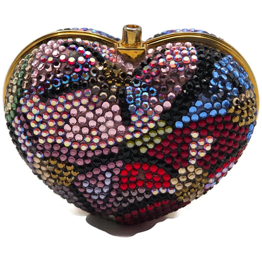 Judith Leiber Heart Crystal Pill Box Multicolor Pave Gold Tone Signed 2 inches