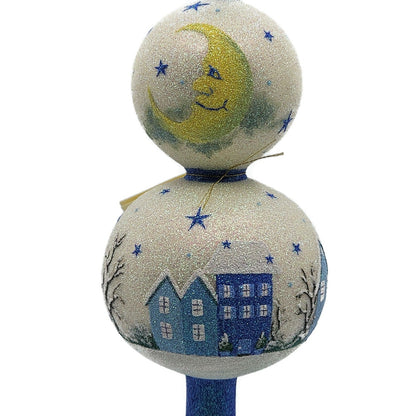 Patricia Breen Village Finial Blue Flame Prototype Moon Glittered Tree Topper