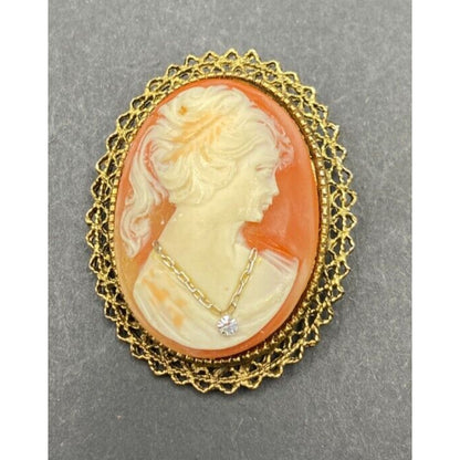Vintage Cameo Brooch Lady Necklace Mid Century Oval Gold Tone Metal Filigree