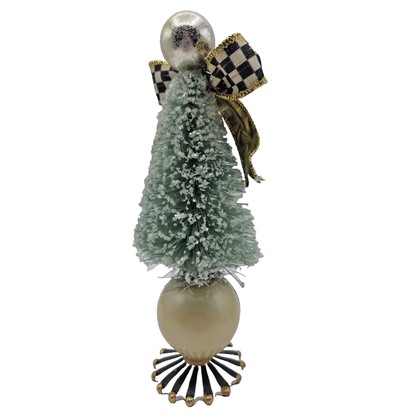 Mackenzie Childs Home Sweet Snow Bottle Brush Tree Mini Green Courtly Check Bow