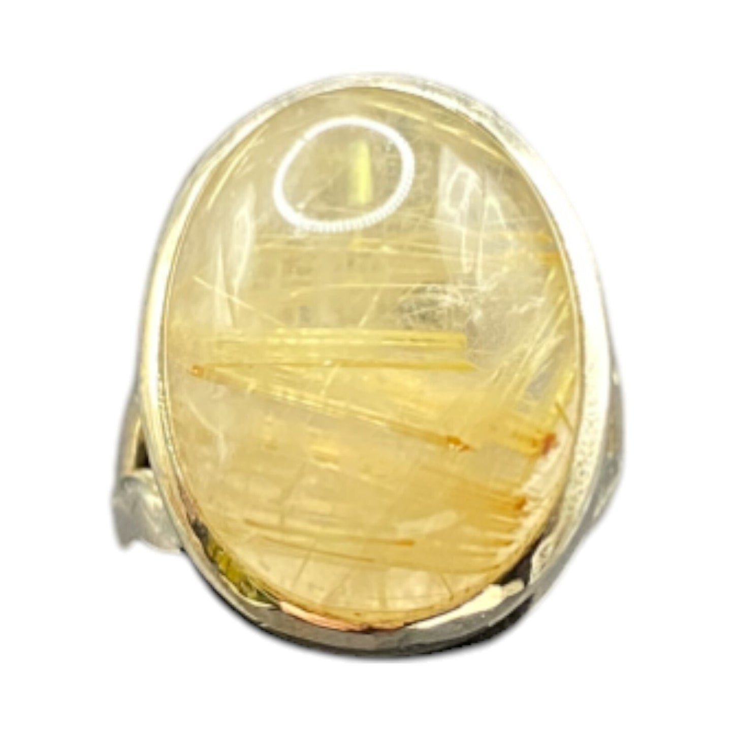 Golden Rutilated Quartz Crystal Ring Oval Cabochon 925 Sterling Silver Size 4