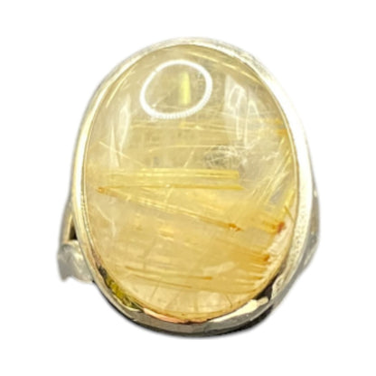 Golden Rutilated Quartz Crystal Ring Oval Cabochon 925 Sterling Silver Size 4