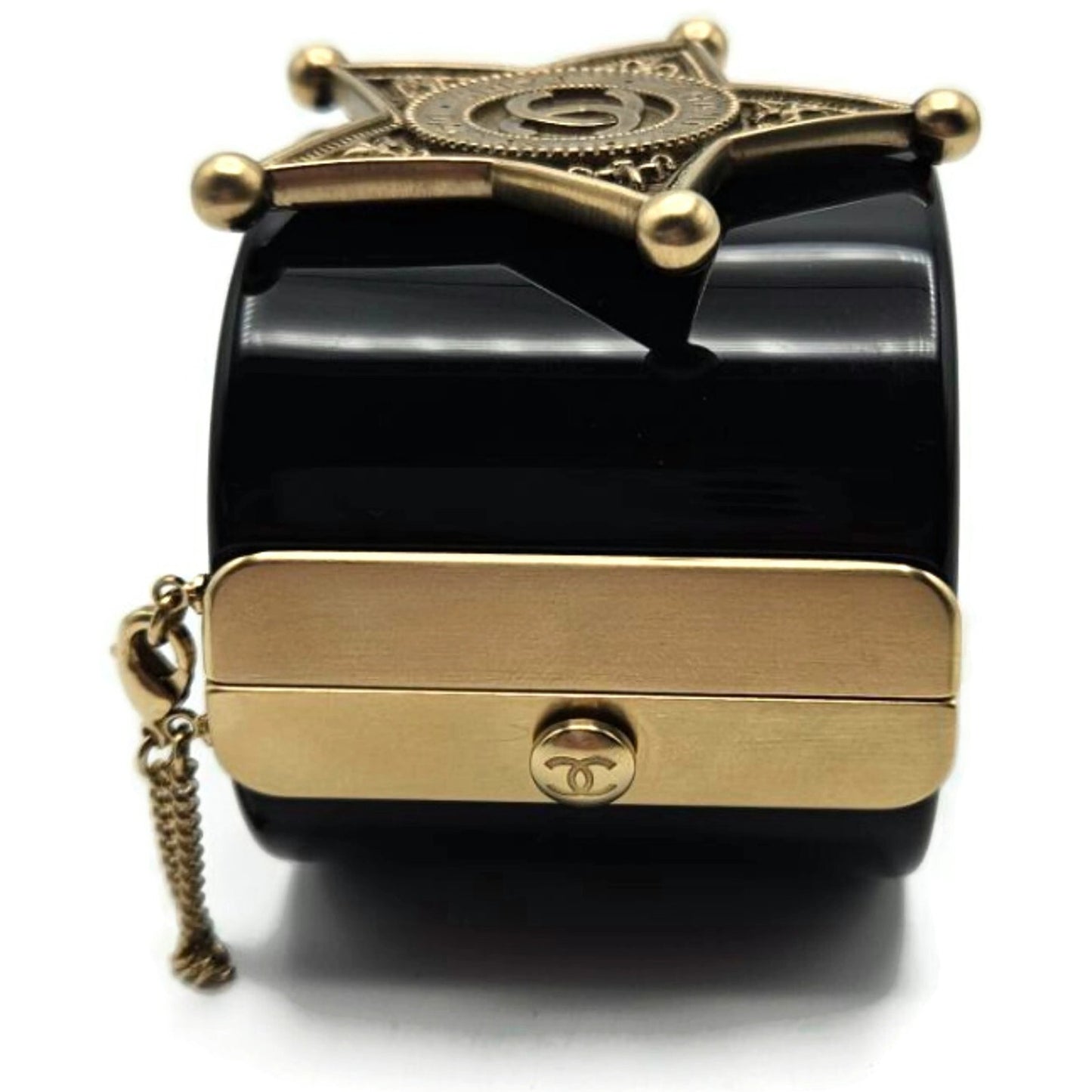 Co Co Chanel Paris Dallas Sheriff Star A A86470 Wide Cuff Black Gold Bracelet