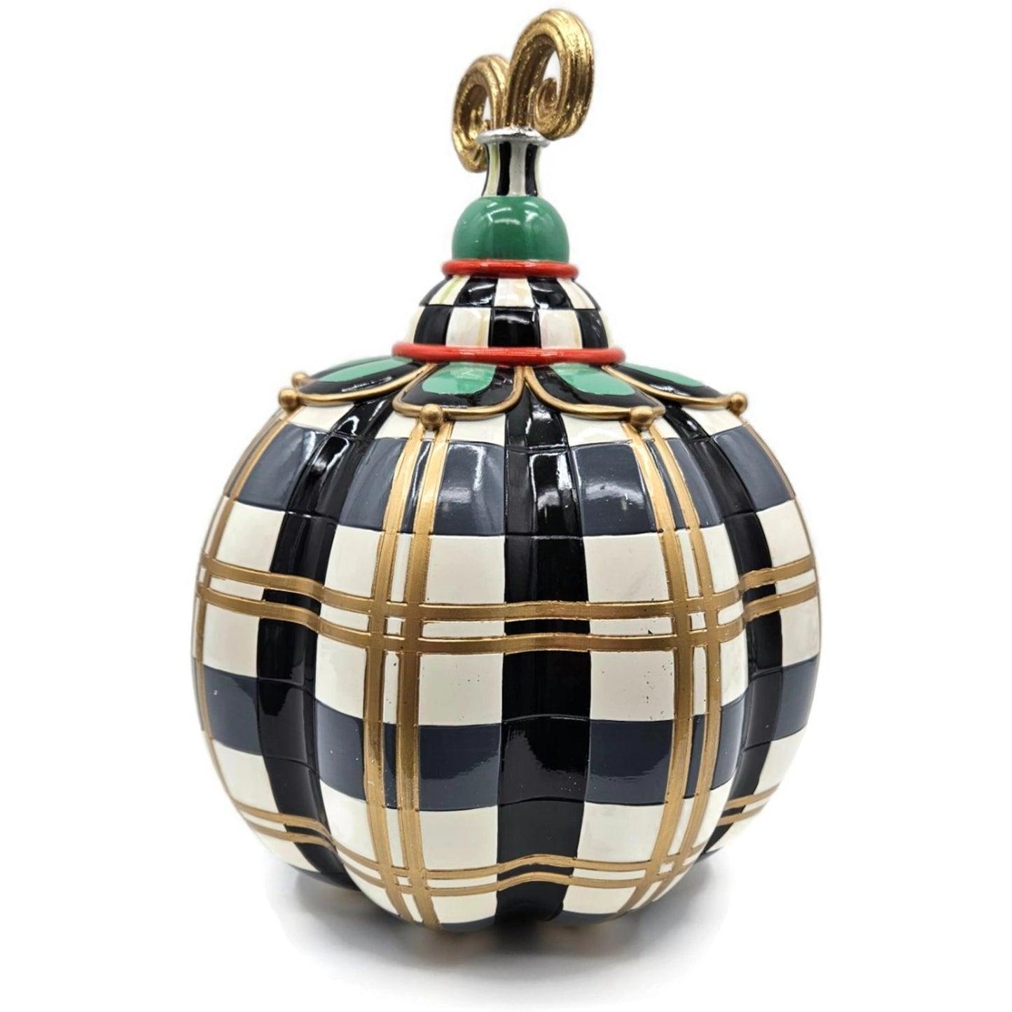MacKenzie Childs Courtly Check Pumpkin Gold Trim Plaid Finial Black Halloween
