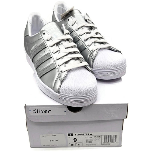 Adidas Superstar Silver Metallic Leather Shoes Ladies Size 9 Shell Toe FY1155