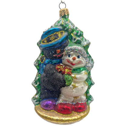 Larry Fraga Chillin White Black Snowman Glitter Glass Christmas Tree Ornament