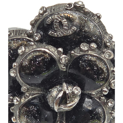 Chanel Camellia CC Ring Ruthenium Black Enamel Crystal EU 54 US 7 w/ Box 13P