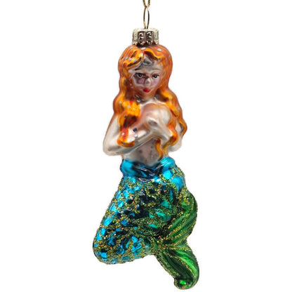 Mermaid Red Hair Blue Green Glitter Fin Christmas Tree Ornament Vintage Glass