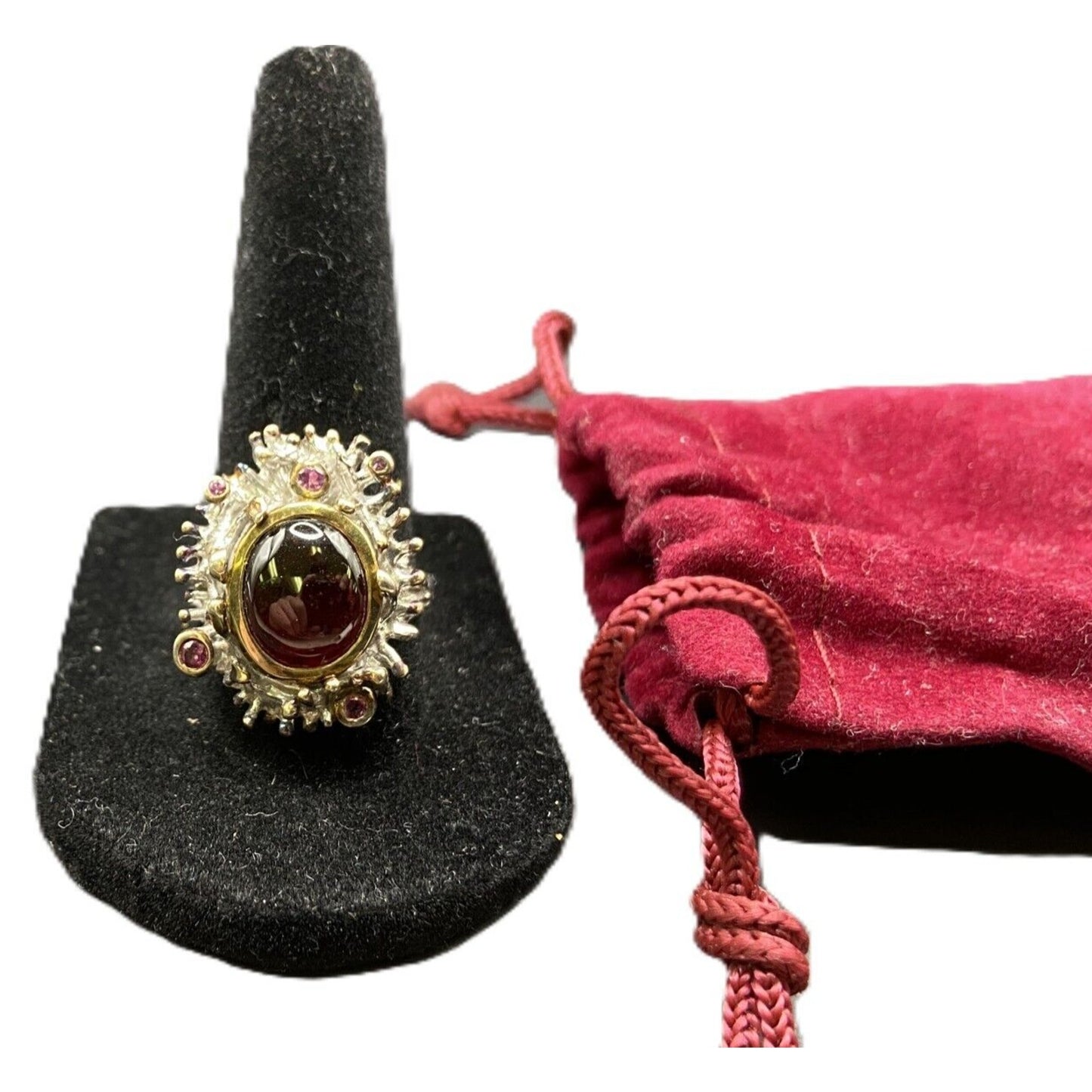 Red Ruby Stone Cocktail Ring Gold Layered 925 Sterling Silver With Pouch Sz 7.5