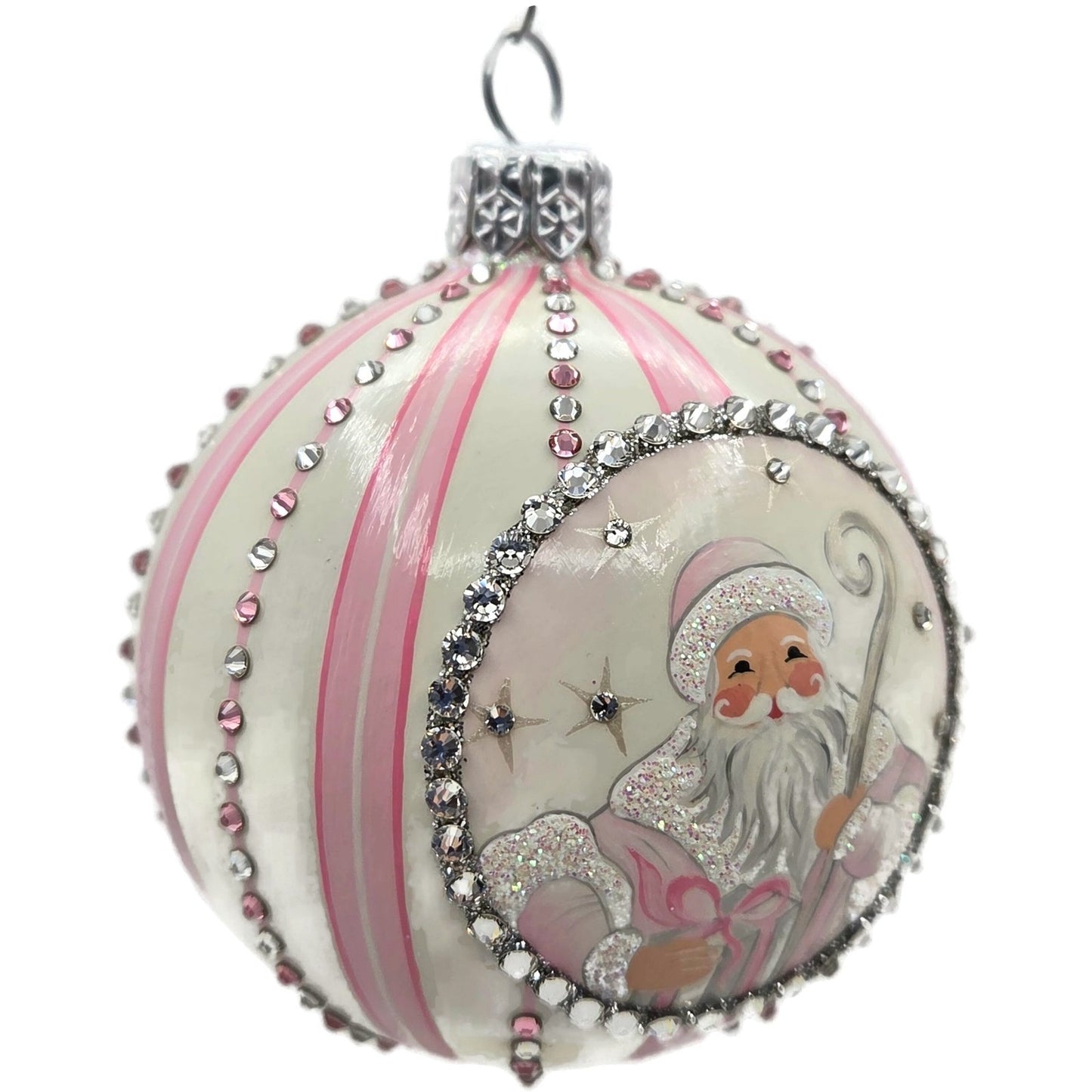 Patricia Breen Beguiling Orb Striped Pink Santa Claus Christmas Ornament CATZ VR