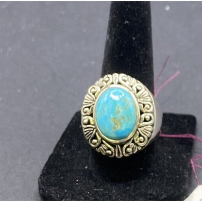 Ring Filigree Turquoise Gemstone Oval Cabochon NK 925 Sterling Silver Size 7.75