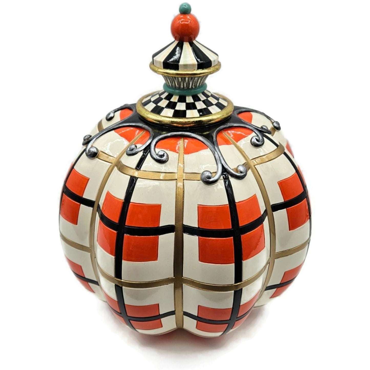 MacKenzie-Childs Parchment Check Pumpkin Halloween Plaid Orange Black