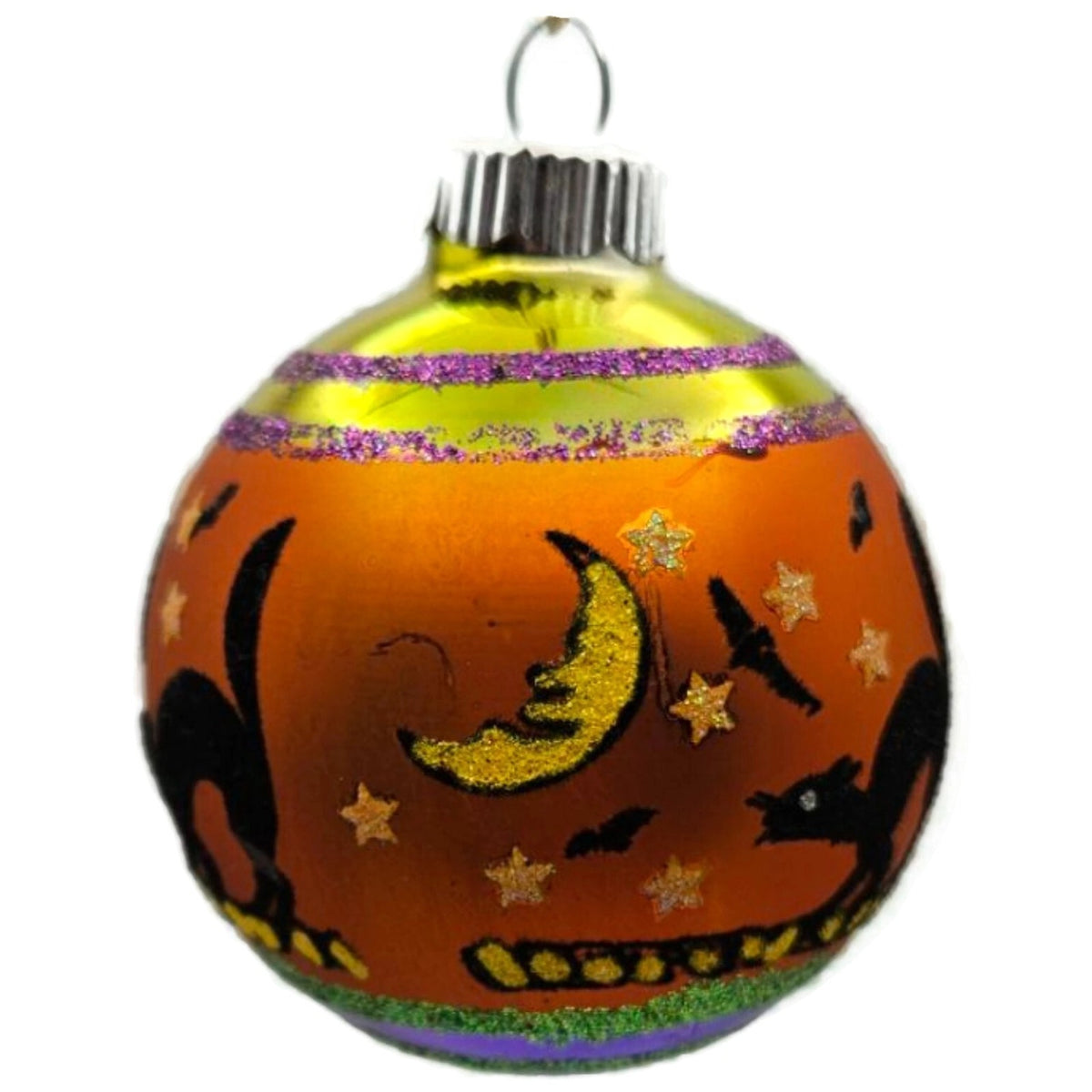 Christopher Radko Shiny Brite Orange Black Cat Glass Ball Halloween Ornament